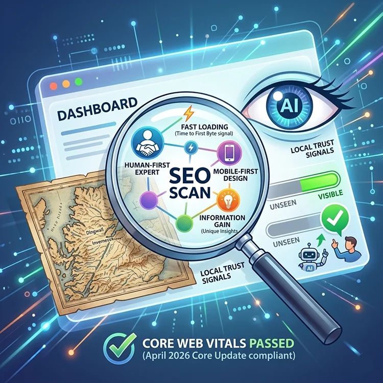 A digital illustration for MacKenzie Business Solutions showing a 'Human-First' SEO scan. The visual highlights core 2026 ranking factors including fast loading times, unique information gain, and local trust signals specifically for Dingwall and Inverness, showing compliance with the April 2026 Google Core Update