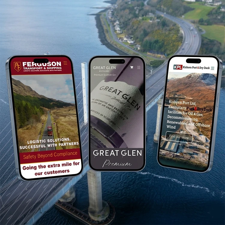 A 750x750px digital showcase for MacKenzie Business Solutions featuring three mobile-optimized websites—Ferguson Transport, Great Glen Gin, and Kishorn Port—displayed on modern smartphones. The devices are positioned over an aerial view of the Kessock Bridge in Inverness, demonstrating localized 'Human-First' web design and Highland business authority compliant with the April 2026 Google Core Update