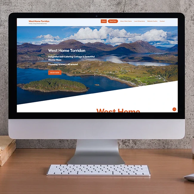 Desktop Computer Screen displaying Home page of West Home Torridon Self Catering Rental website